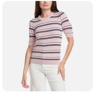 💖 NWT T Tahari Puff Sleeve Sweater Pink Stripe • Women’s Small • Cozy Chic